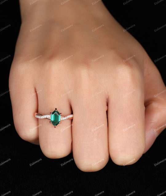 Moissanite Cross Band Rose Gold Ring, 1.1 CT Long Hexagon Cut Emerald Engagement Ring, 6 Prongs Set Ring, Promise Ring For Lover