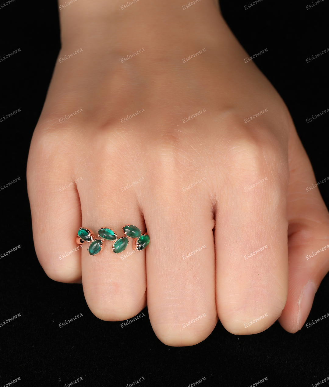 Marquise Cut 1.2CT Emerald Engagement Ring, Leaf Vine Shaped Emerald Ring, 14K Rose Gold May Birthstone Ring