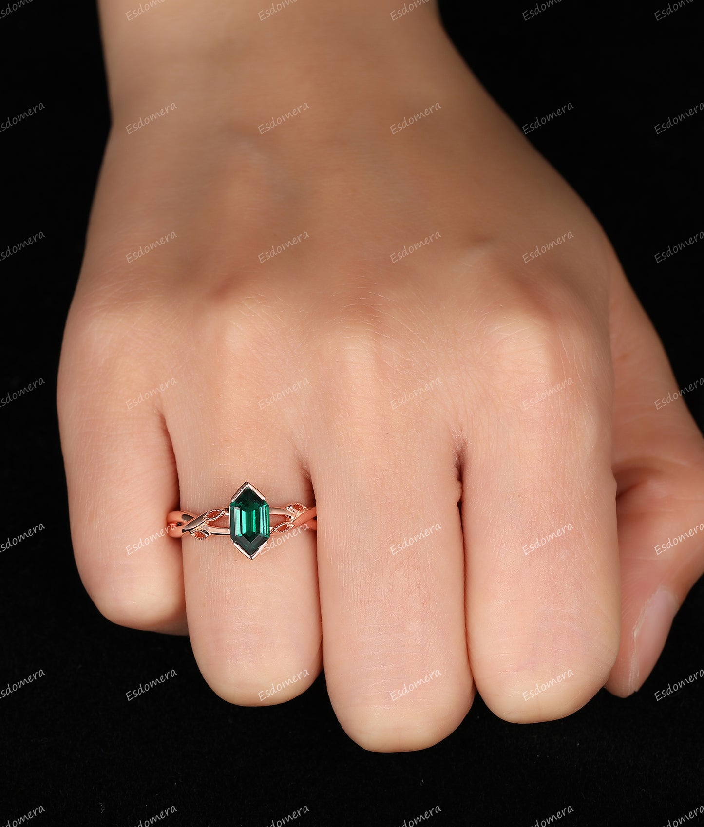 1.1CT Hexagon Cut Emerald Engagement Ring, Leaf Vine Wedding Promise Ring, 14K Rose Gold Cross Band Ring For Women