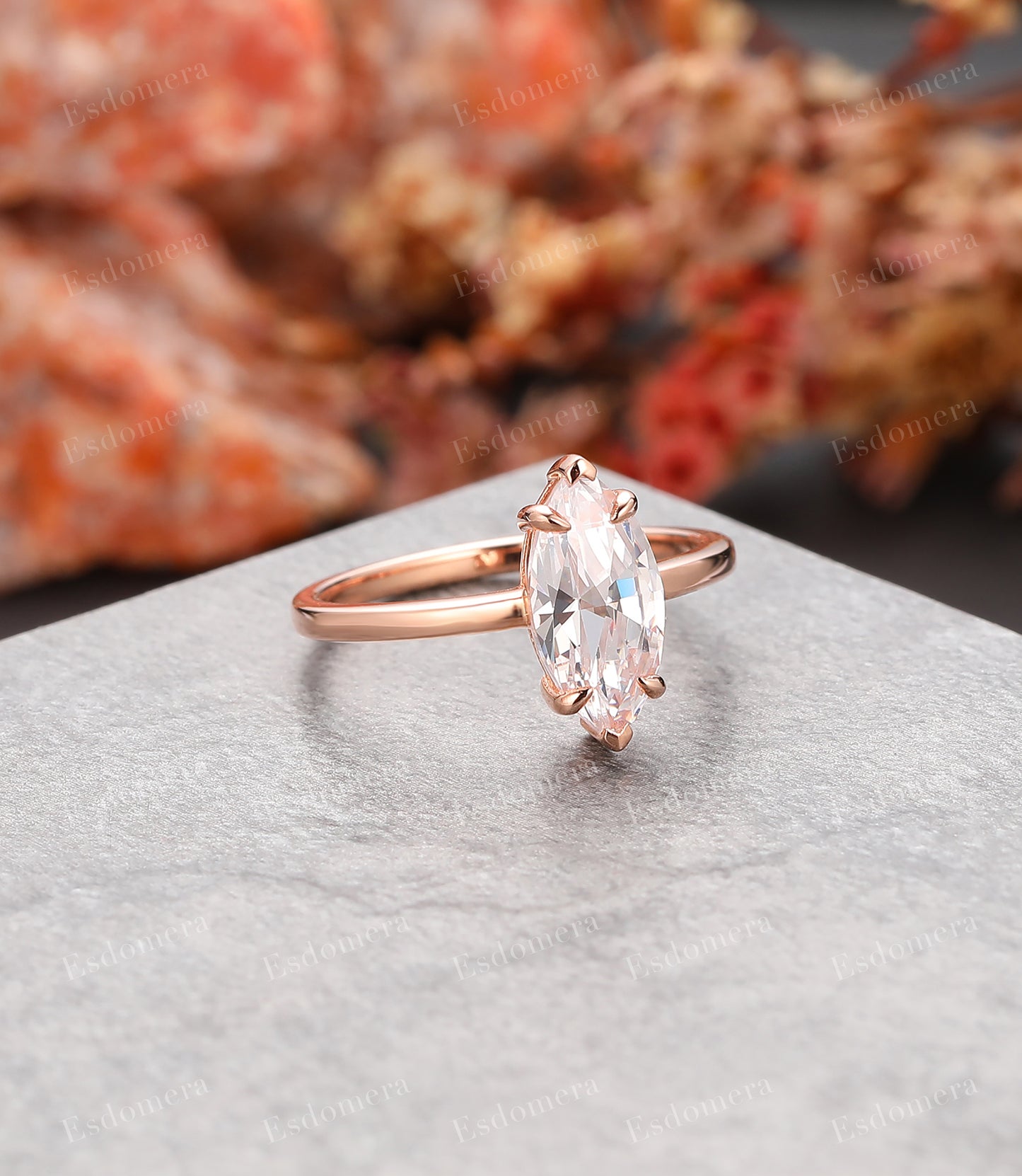 Marquise Cut 6x12mm Moissanite Engagement Ring, Prong Set Solitaire Rose Gold Ring
