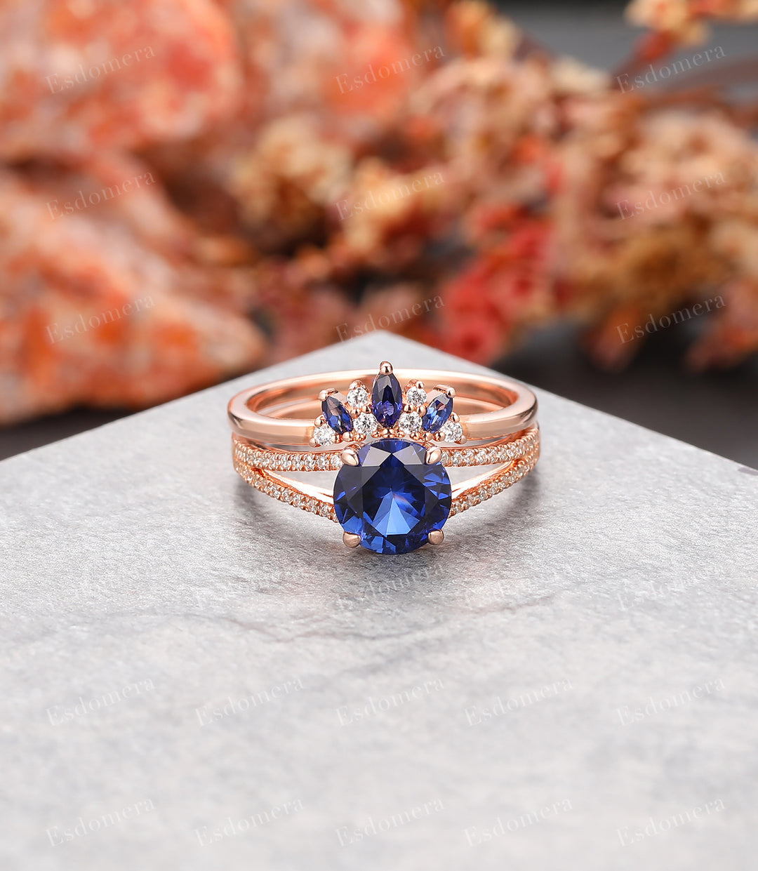 Round Cut 1.5CT Sapphire Bridal Ring Set, Art Deco Moissanite Engagement Ring, Split Shank Design
