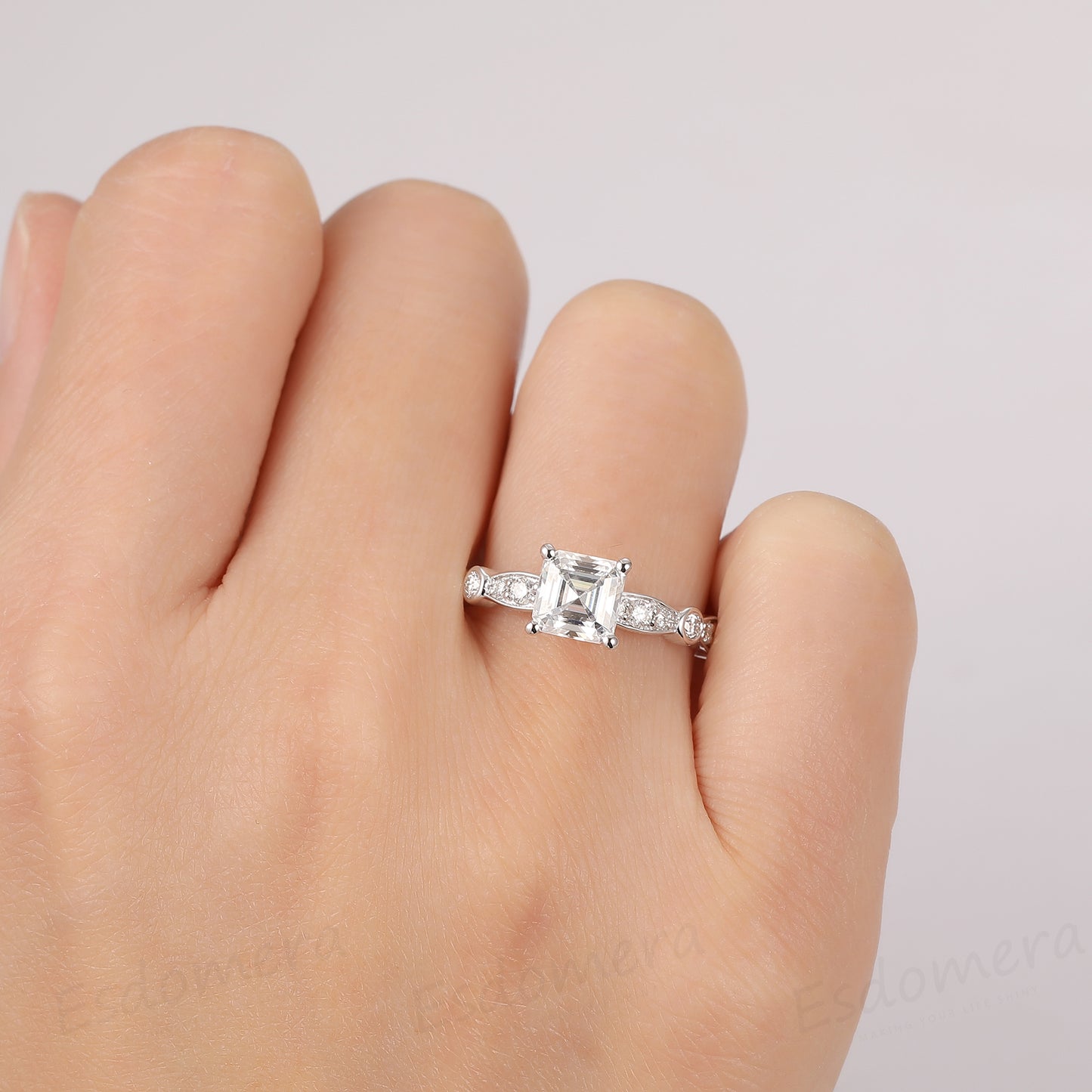 Asscher Cut 1.3 CT 6mm Esdomera Moissanite Ring, 14k White Gold Engagement Ring