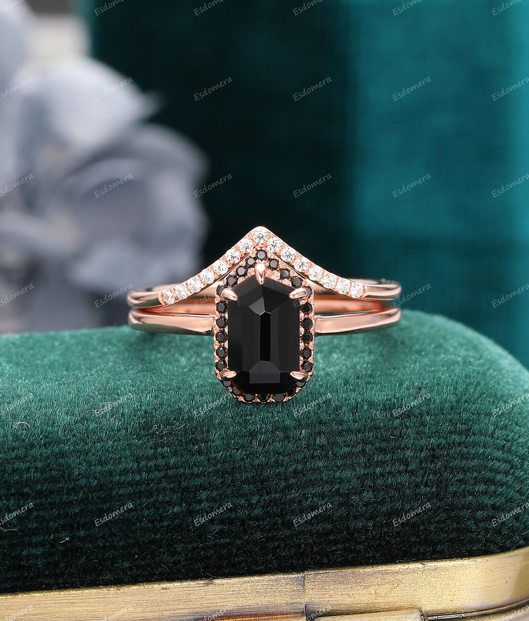 Pentagon Natural Black Agate Unique Moissanite Halo Ring Curved Wedding Ring Set