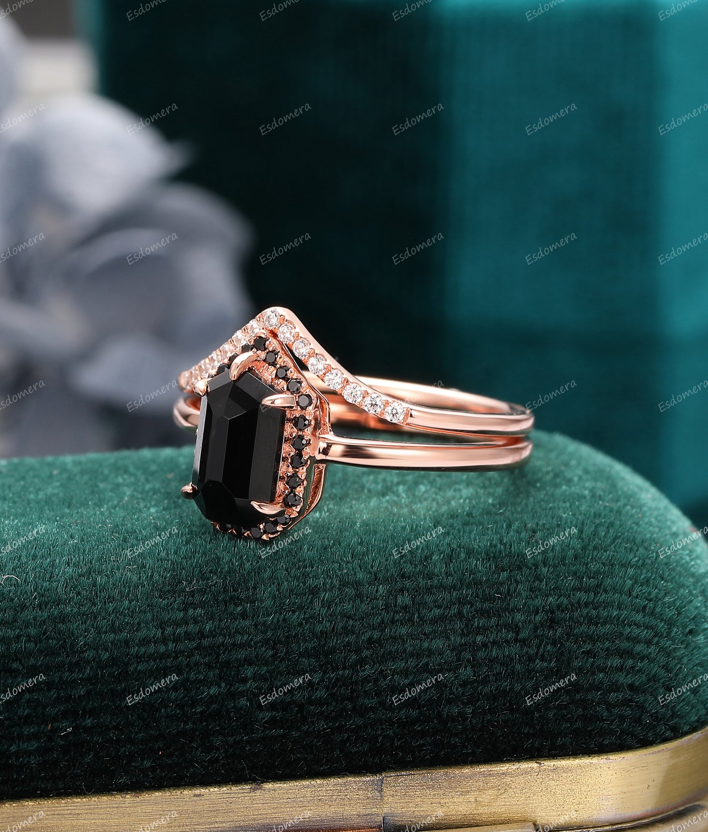 Vintage Pentagon Natural Black Agate Wedding Ring Set, Unique Moissanite Halo Ring, Curved Wedding Band, Bridal Ring Set