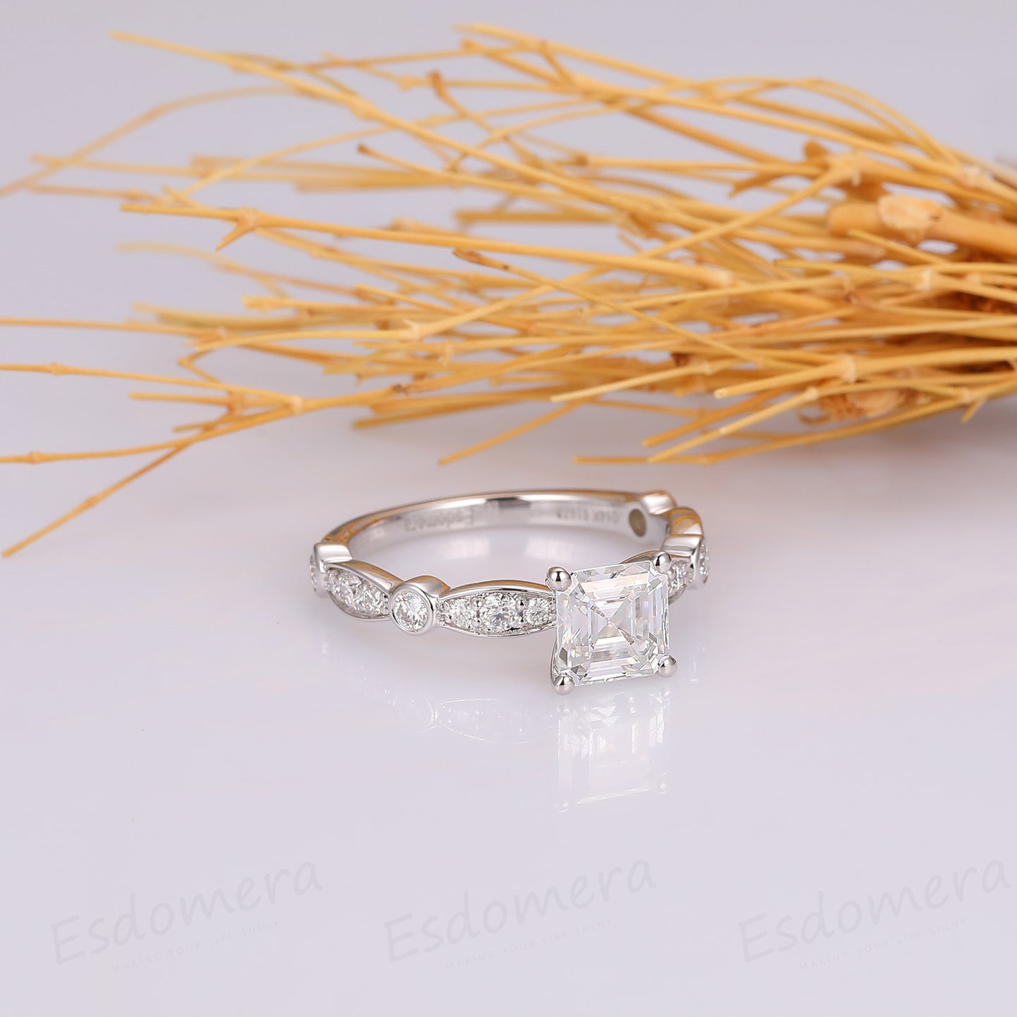 Asscher Cut 1.3 CT 6mm Esdomera Moissanite Ring, 14k White Gold Engagement Ring