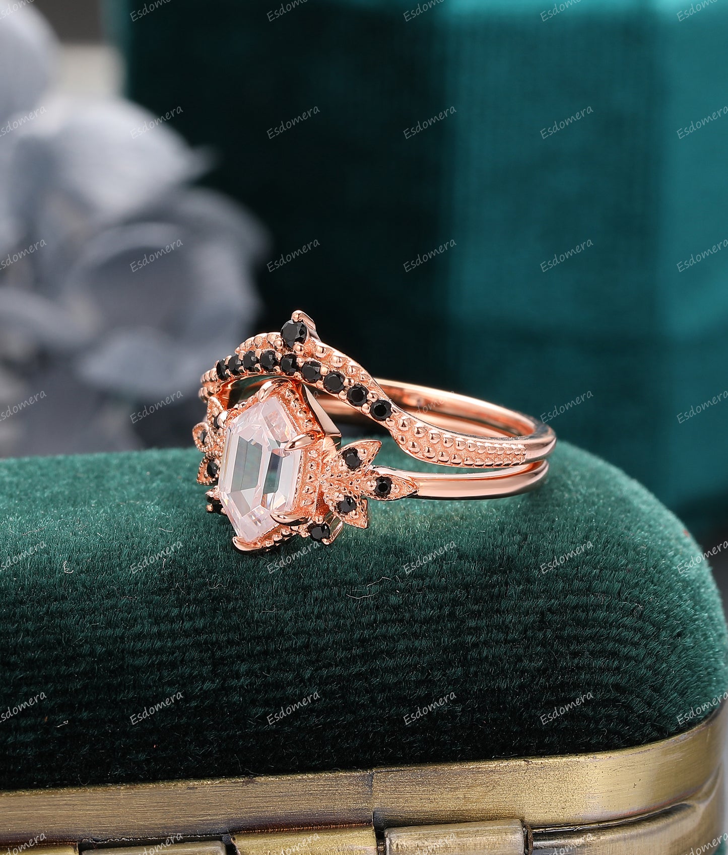 Long Hexagon Cut 5x9mm Moissanite Engagement Ring, Vintage Natural Black Spinel Stacking Rings, Milgrain Bridal Sets