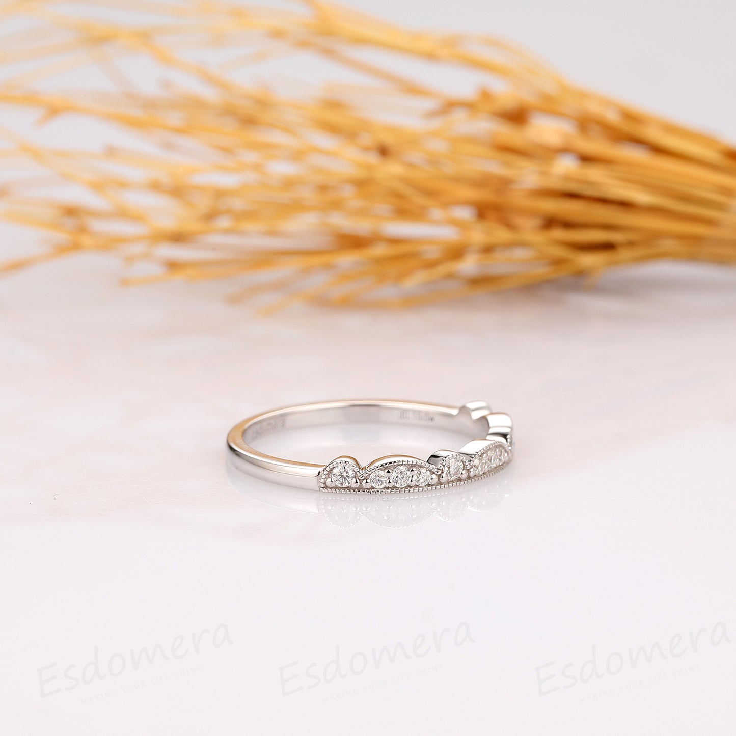 Moissanite Wedding Band, 14k Solid White Gold Ring, Women's Wedding Ring
