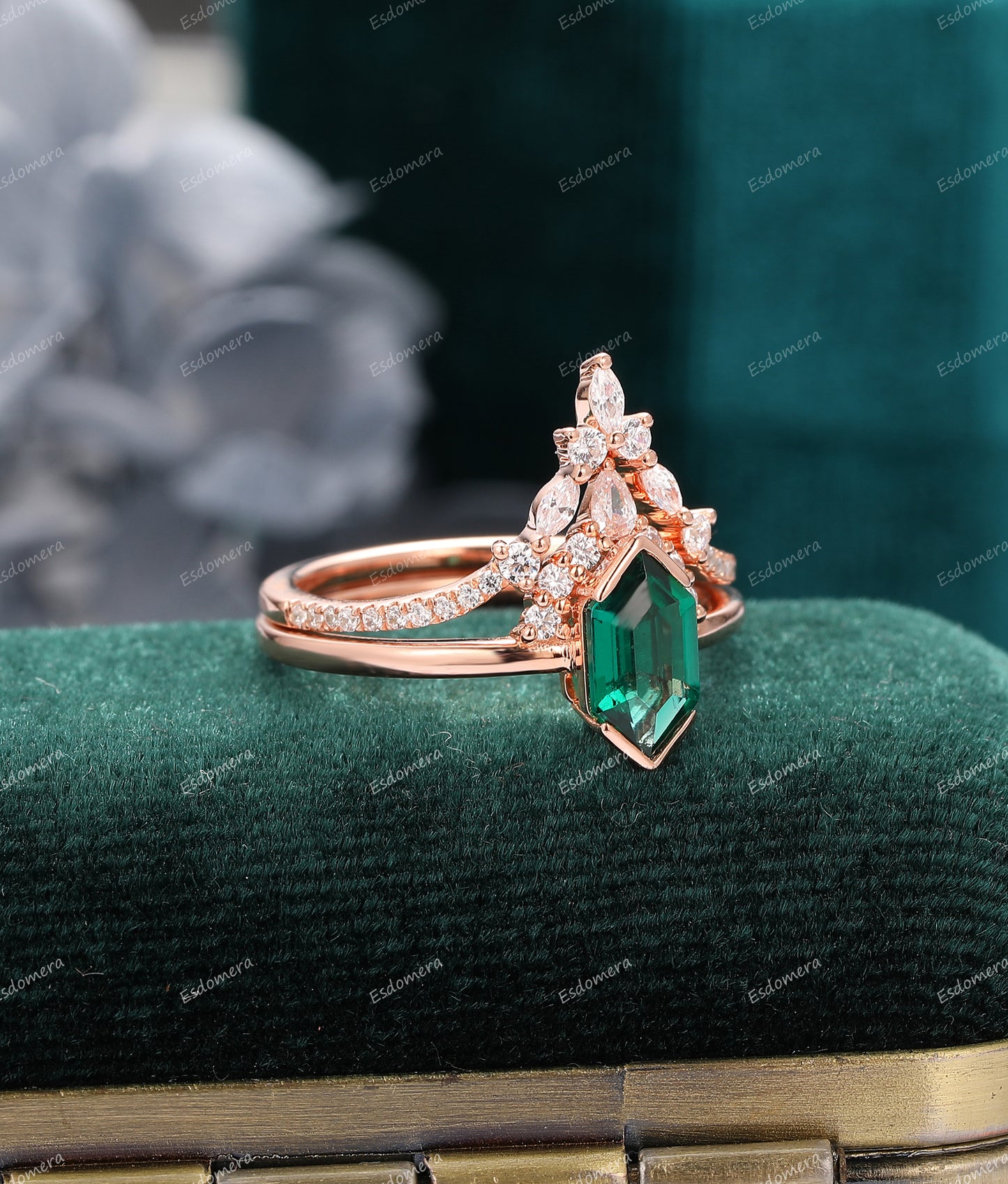 Vintage 1.10CT Long Hexagon Cut Emerald Wedding Ring Set, V Shaped Moissanite Half Eternity Band, 14K Rose Gold Ring Set