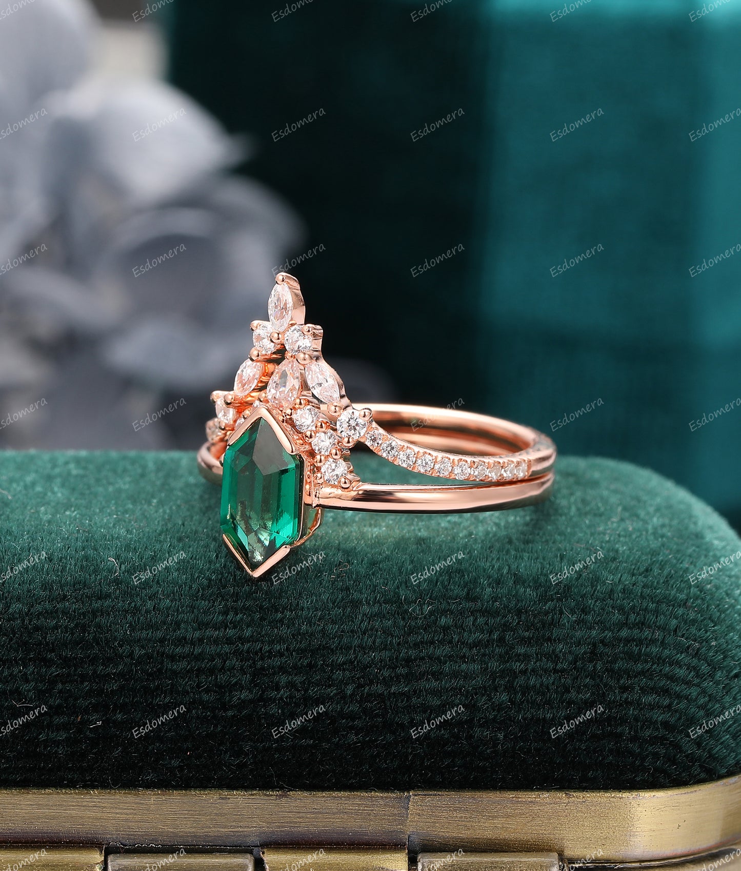 Vintage 1.10CT Long Hexagon Cut Emerald Wedding Ring Set, V Shaped Moissanite Half Eternity Band, 14K Rose Gold Ring Set