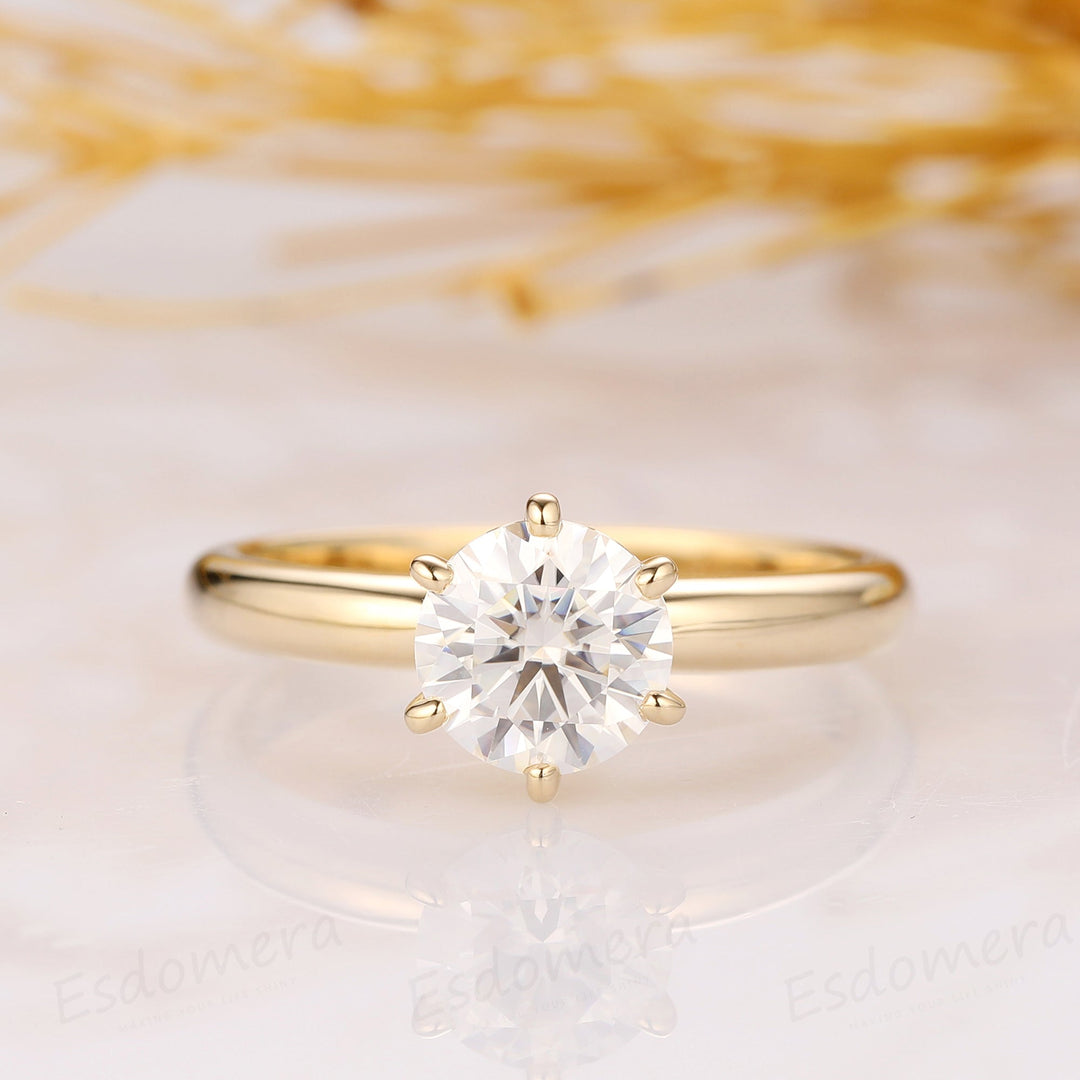 1.00CT Round Cut Moissanite Engagement Ring, Solitaire Ring, 14K Solid Yellow Gold Ring