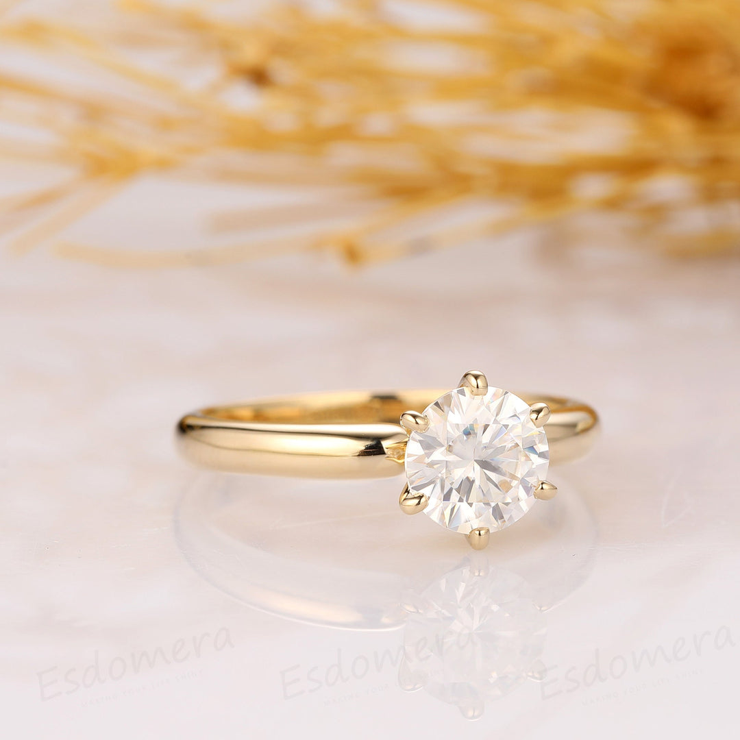 1.00CT Round Cut Moissanite Engagement Ring, Solitaire Ring, 14K Solid Yellow Gold Ring