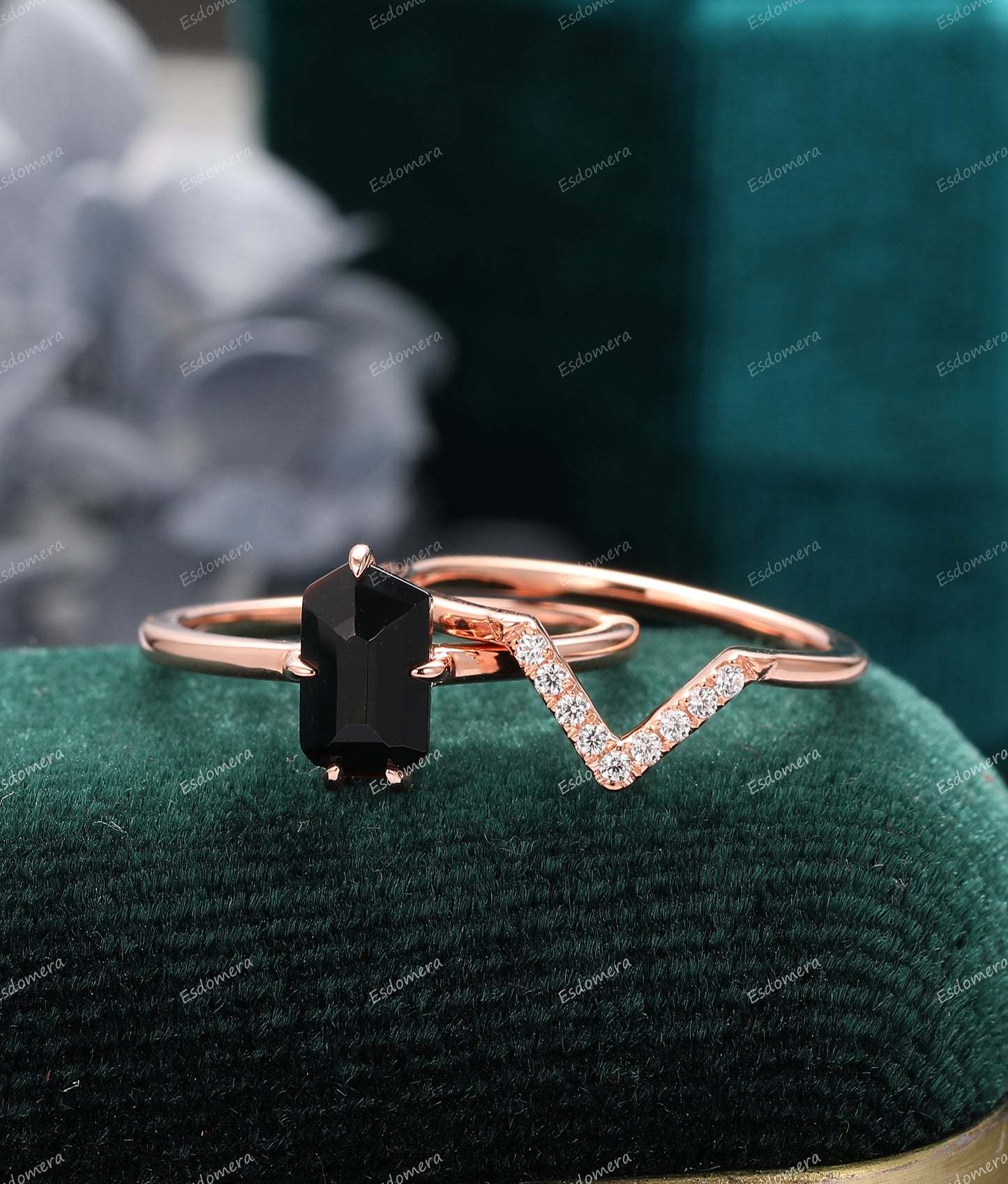 Unique Natural Black Agate Engagement Ring Set, Solitaire Engagement Ring, Moissanite Curved Marching Band, Anniversary Promise Gift