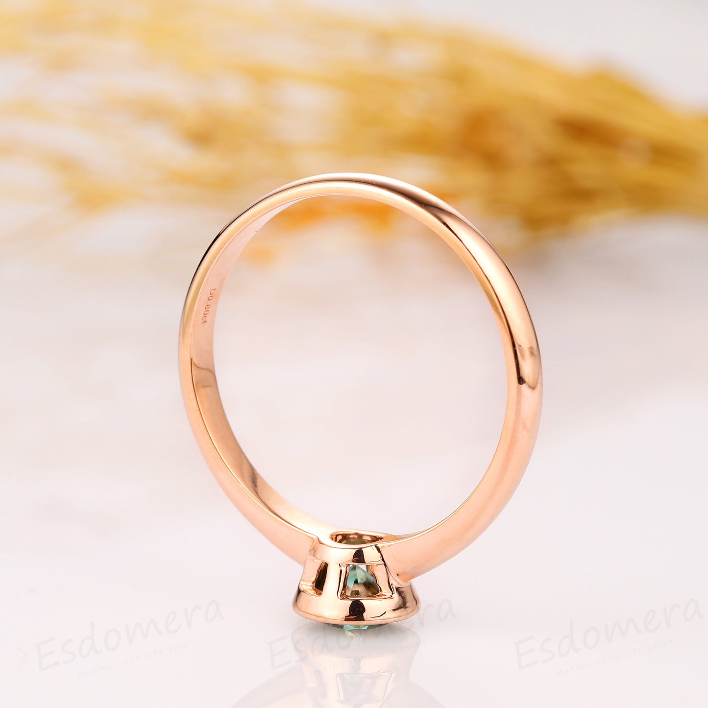 Bezel Set Round Cut 0.8CT Blue Moissanaite, 14K Solid Yellow Gold Engagement Ring