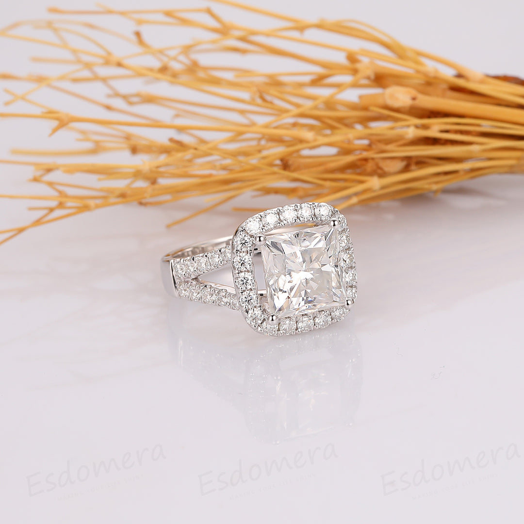 Princess Cut 3ct Esdomera Moissanite Ring, Halo Split Shanks Engagement Ring