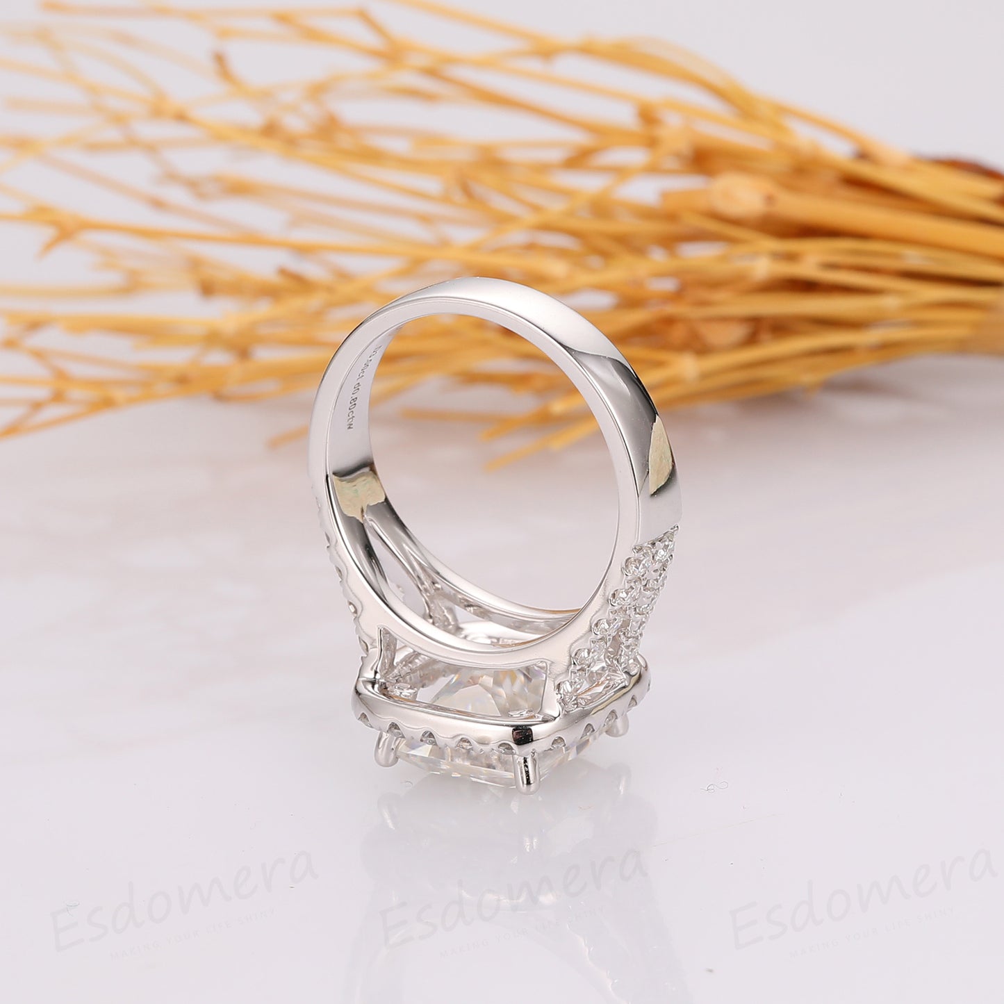 Princess Cut 3ct Esdomera Moissanite Ring, Halo Split Shanks Engagement Ring