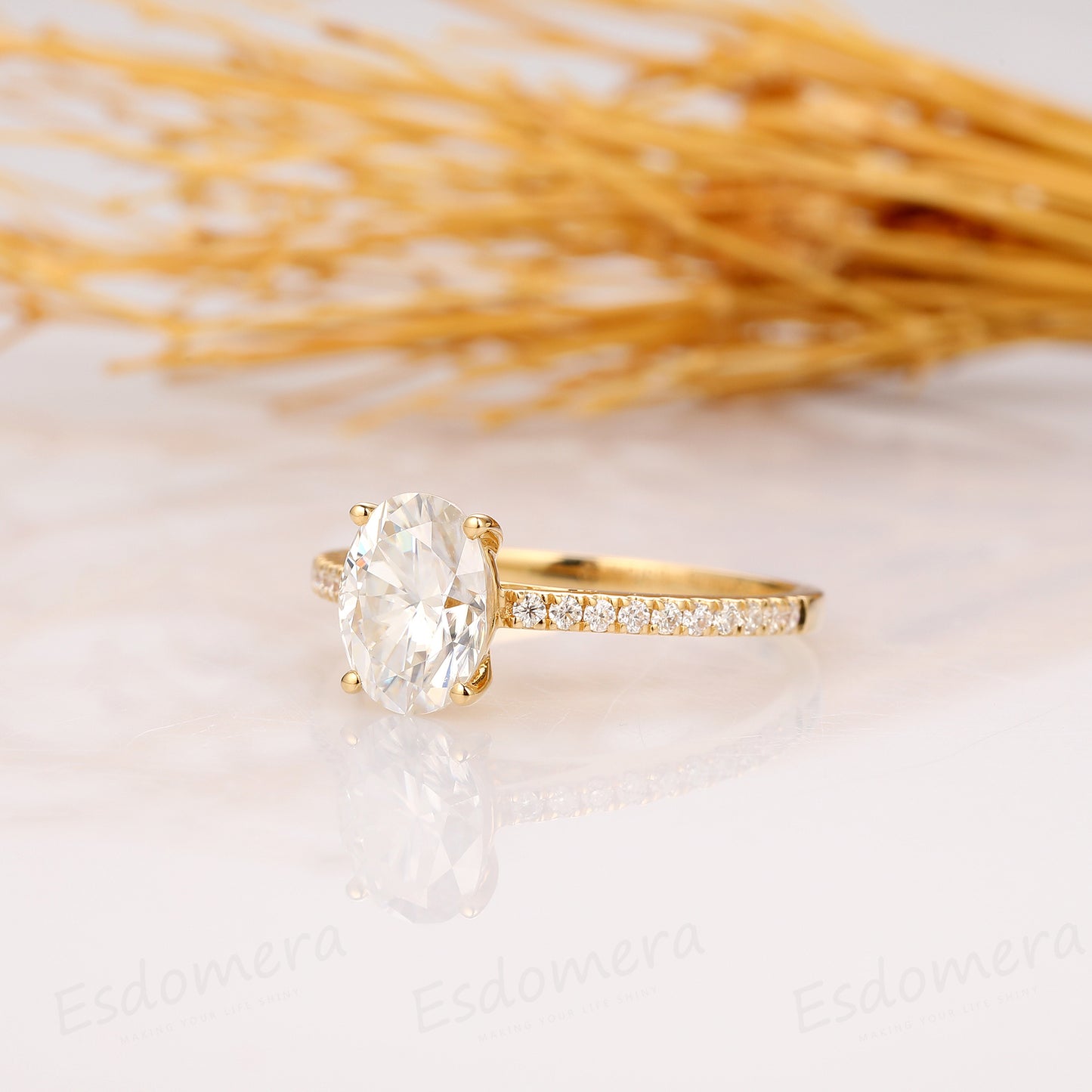 Oval Moissanite Ring, Oval Cut 1.5CT Moissanite Engagement Ring, 14k Yellow Gold Wedding Ring