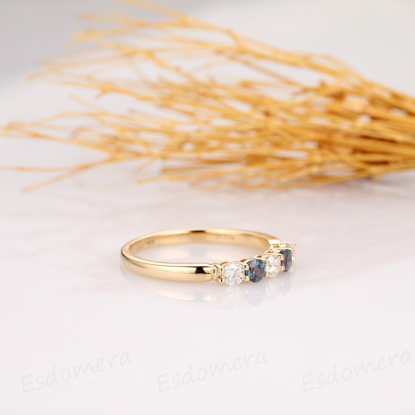 Moissanite Wedding Band, 5 Stone Wedding Ring, Elegant Ring, 14k Yellow Gold Engagement Ring, Alexandrite Wedding Band