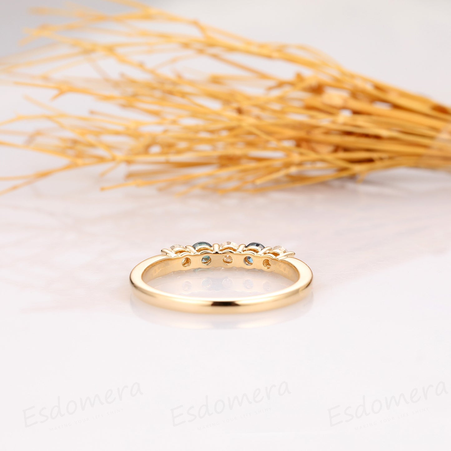 Moissanite Wedding Band, 5 Stone Wedding Ring, Elegant Ring, 14k Yellow Gold Engagement Ring, Alexandrite Wedding Band