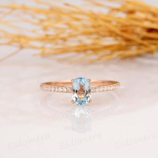 Oval Cut 1CT Natural Aquamarine Engagement Ring, 14K Rose Gold Wedding Ring
