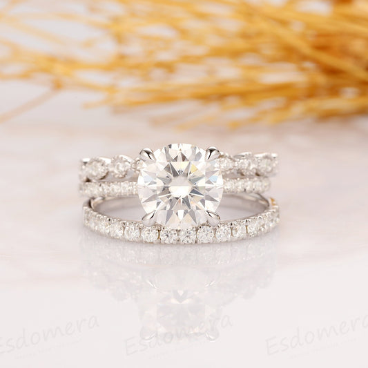 3PCS Ring Set, 2CT Round Cut Moissanite Engagement Ring, 14k White Gold Wedding Ring Set