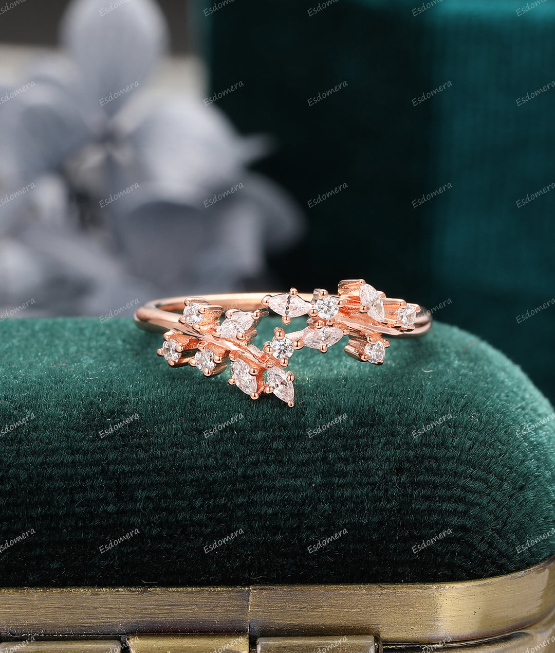 Art Deco Moissanite Engagement Ring  Leaf Vine Moissanite Cluster Ring, Unique Stacking Ring For Her, Bridal Gift For Women