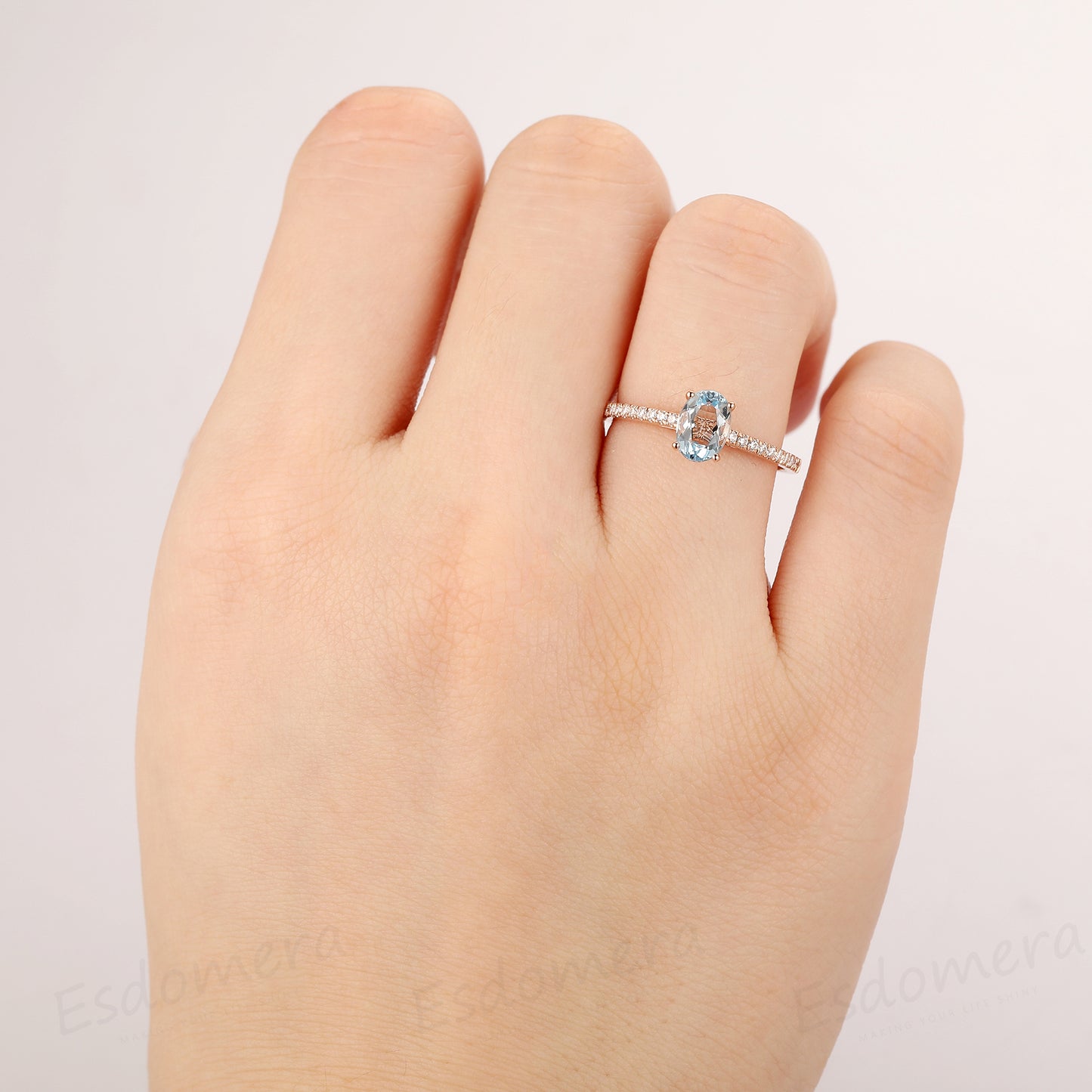 Oval Cut 1CT Natural Aquamarine Engagement Ring, 14K Rose Gold Wedding Ring