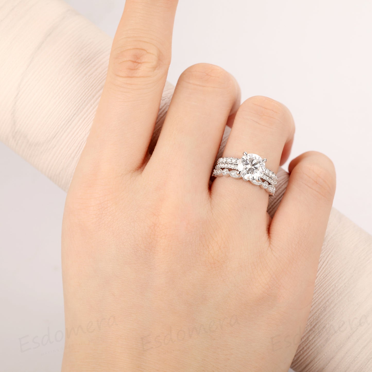 3PCS Ring Set, 2CT Round Cut Moissanite Engagement Ring, 14k White Gold Wedding Ring Set