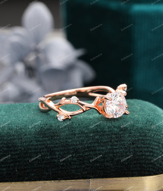 Round 0.8CT Moissanite Wedding Ring, 4 Prong Set 14k Gold Leaf Vine Shape Moissanite Ring, Art Deco Engagement Ring