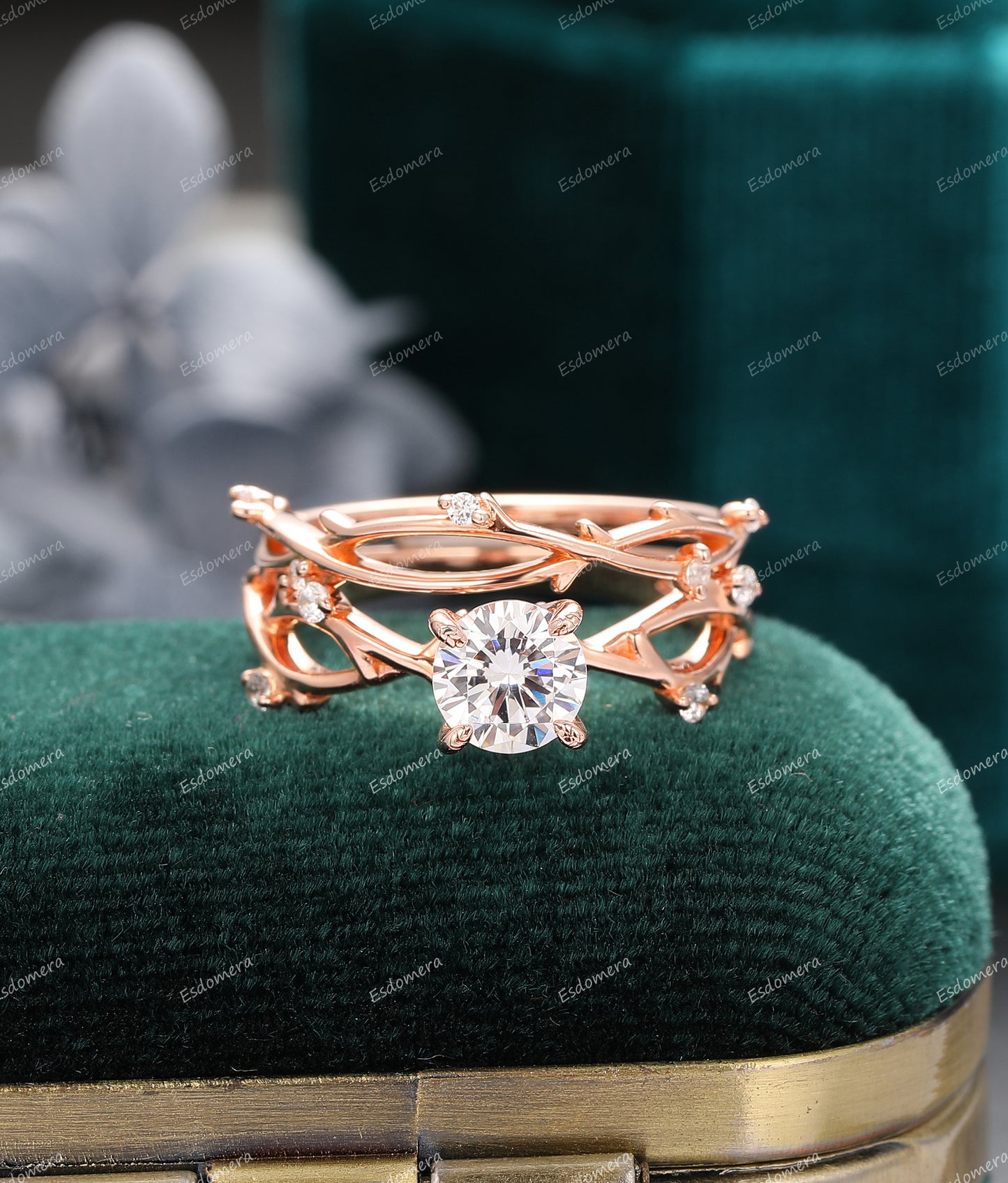 Unique Round Cut 6mm Moissanite Engagement Ring Set, 14k Gold Moissanite Ring, Vintage Art Deco Branch Bridal Ring