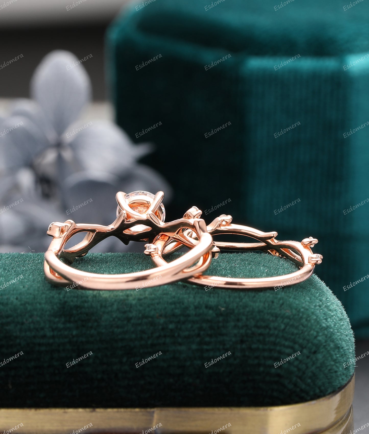 Unique Round Cut 6mm Moissanite Engagement Ring Set, 14k Gold Moissanite Ring, Vintage Art Deco Branch Bridal Ring