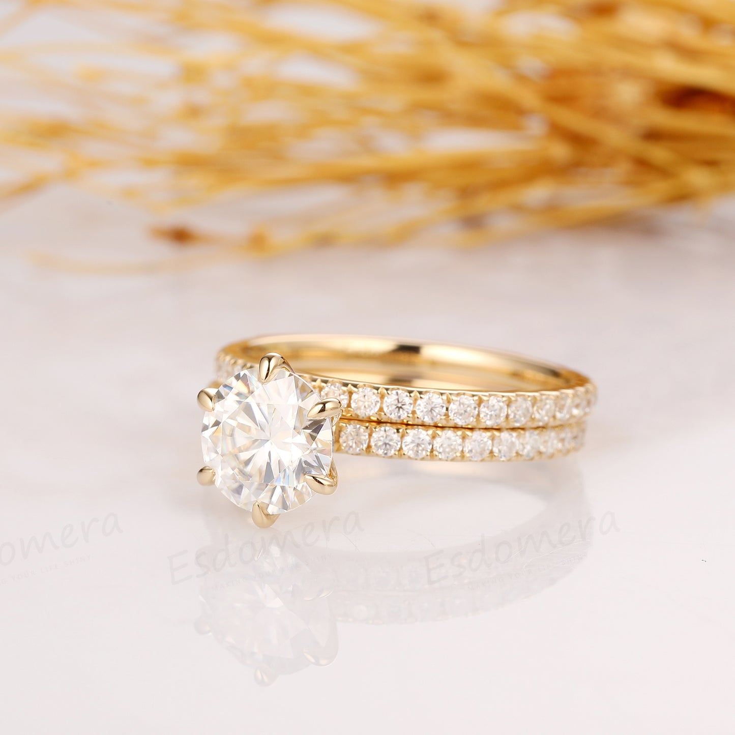 1.5CT Round Cut Moissanite Ring, 3/4 Pave Set Band, 14K Solid Yellow Gold Ring