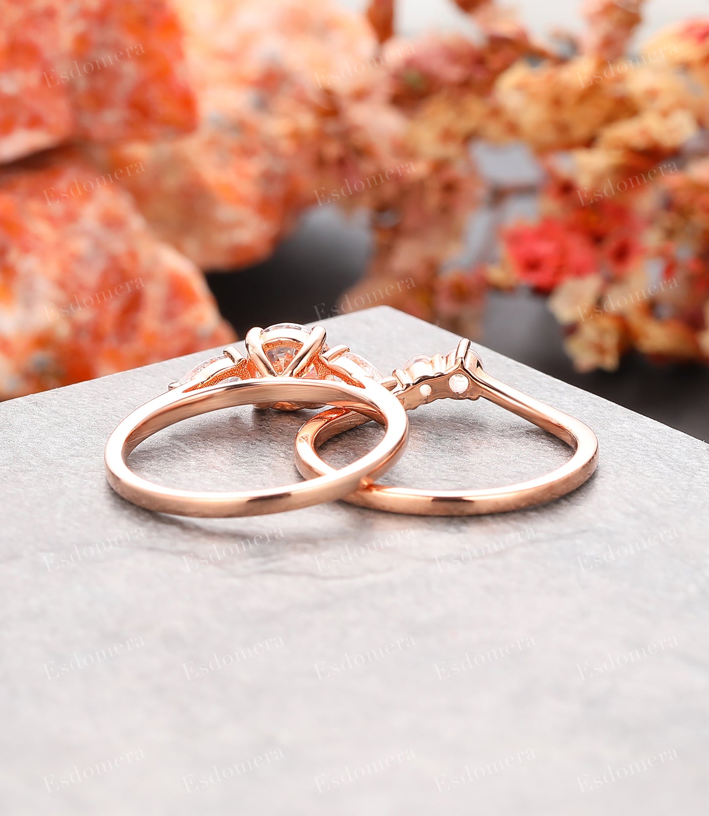 Round Cut 6mm Moissanite Engagement Ring Set, Moonstone Stacking Band, Bridal Sets
