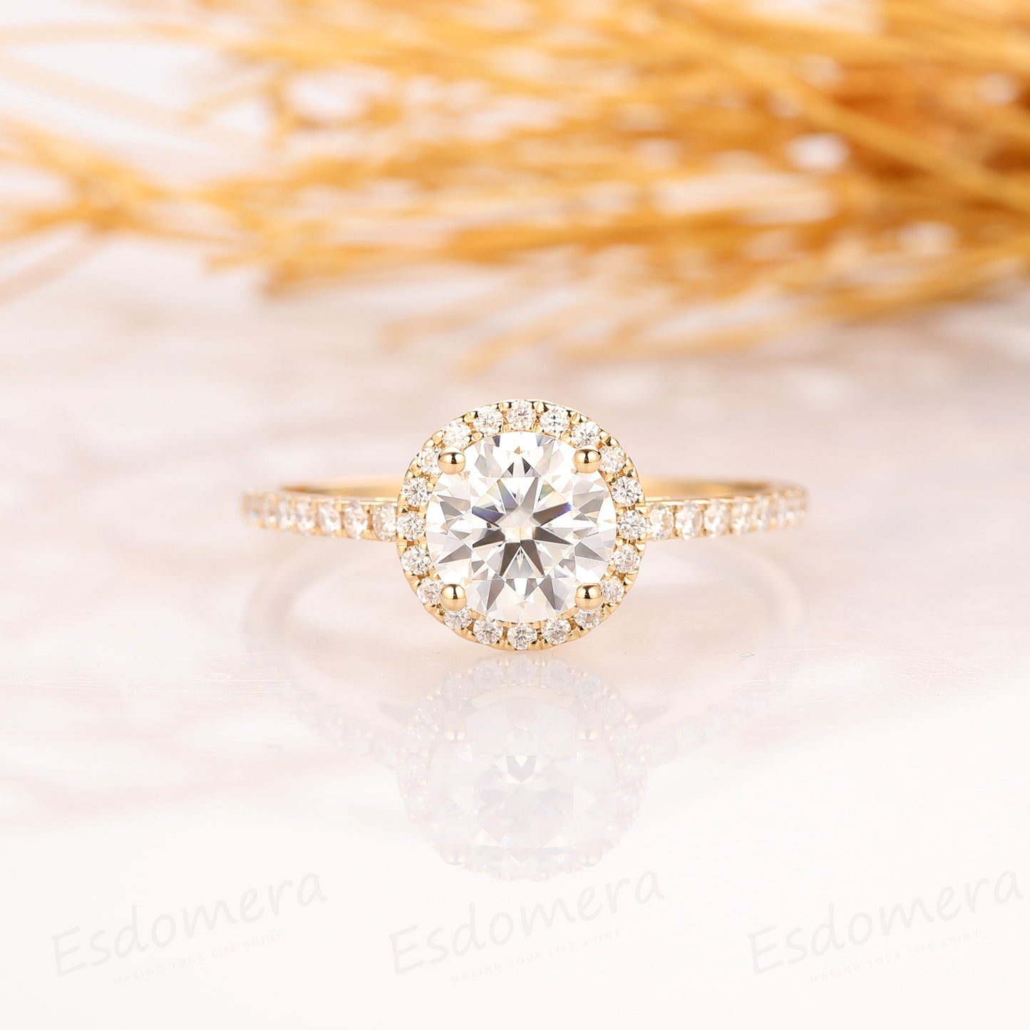 Halo Round Cut 6.5mm Moissanite Ring, Accent 14k Rose Gold Engagament Ring