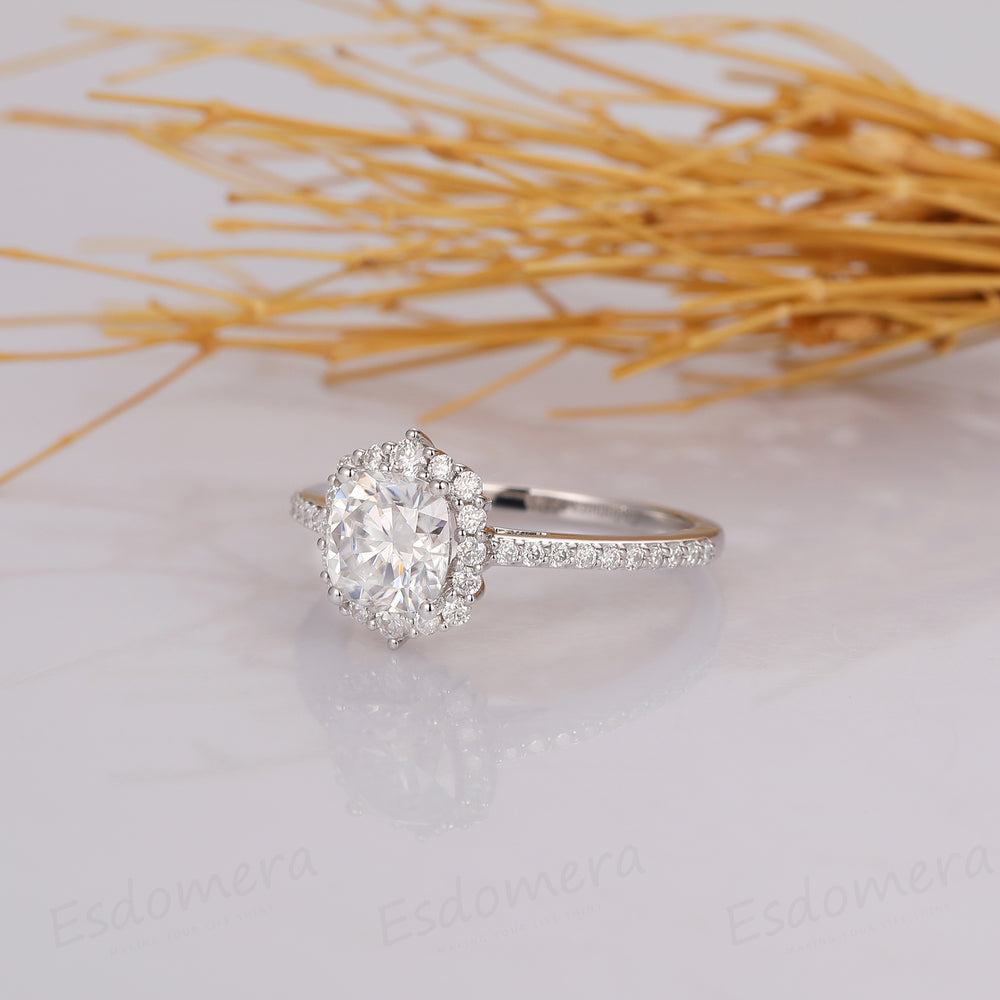Art Deco 1.3CT Cushion Cut Moissanite Engagement Ring, 14K White Gold Half Eternity Halo Ring