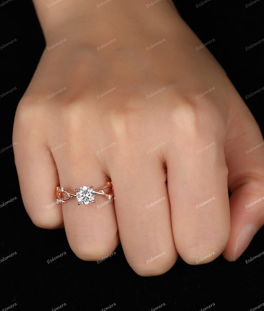 Round 0.8CT Moissanite Wedding Ring, 4 Prong Set 14k Gold Leaf Vine Shape Moissanite Ring, Art Deco Engagement Ring