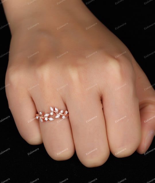 Art Deco Moissanite Engagement Ring  Leaf Vine Moissanite Cluster Ring, Unique Stacking Ring For Her, Bridal Gift For Women