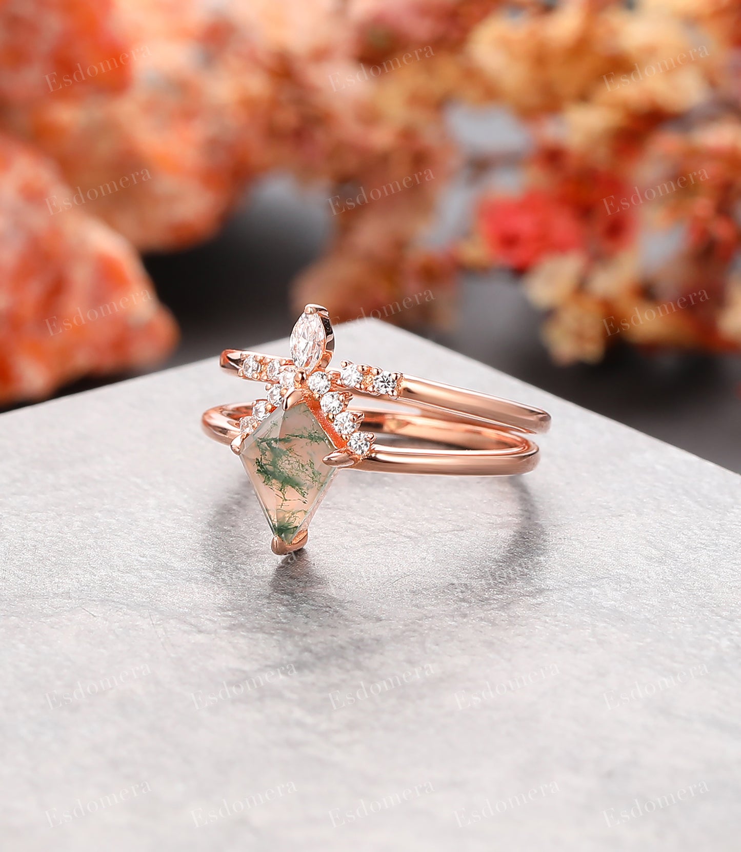 Prong Set Kite Cut 6x9mm Moss Agate Bridal Sets, Classic Moissanites Accents Engagement Ring For Her, Unique Matching Band
