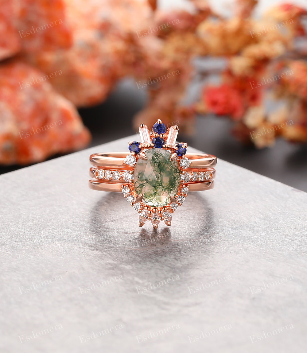 3pcs Art Deco 14k Rose Gold Bridal Sets, Crown Shape Moissanite Matching Band,  Oval Cut 2CT Moss Agate Engagement Ring For Women