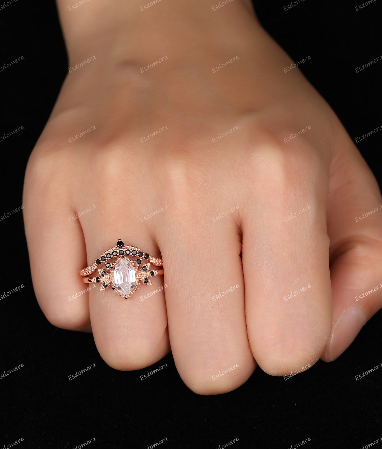 Long Hexagon Cut 5x9mm Moissanite Engagement Ring, Vintage Natural Black Spinel Stacking Rings, Milgrain Bridal Sets