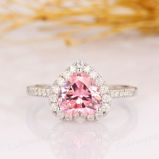 2.00CT Heart Shape Pink Simulated Diamond Ring, Half Eternity Moissanite Engagement Ring