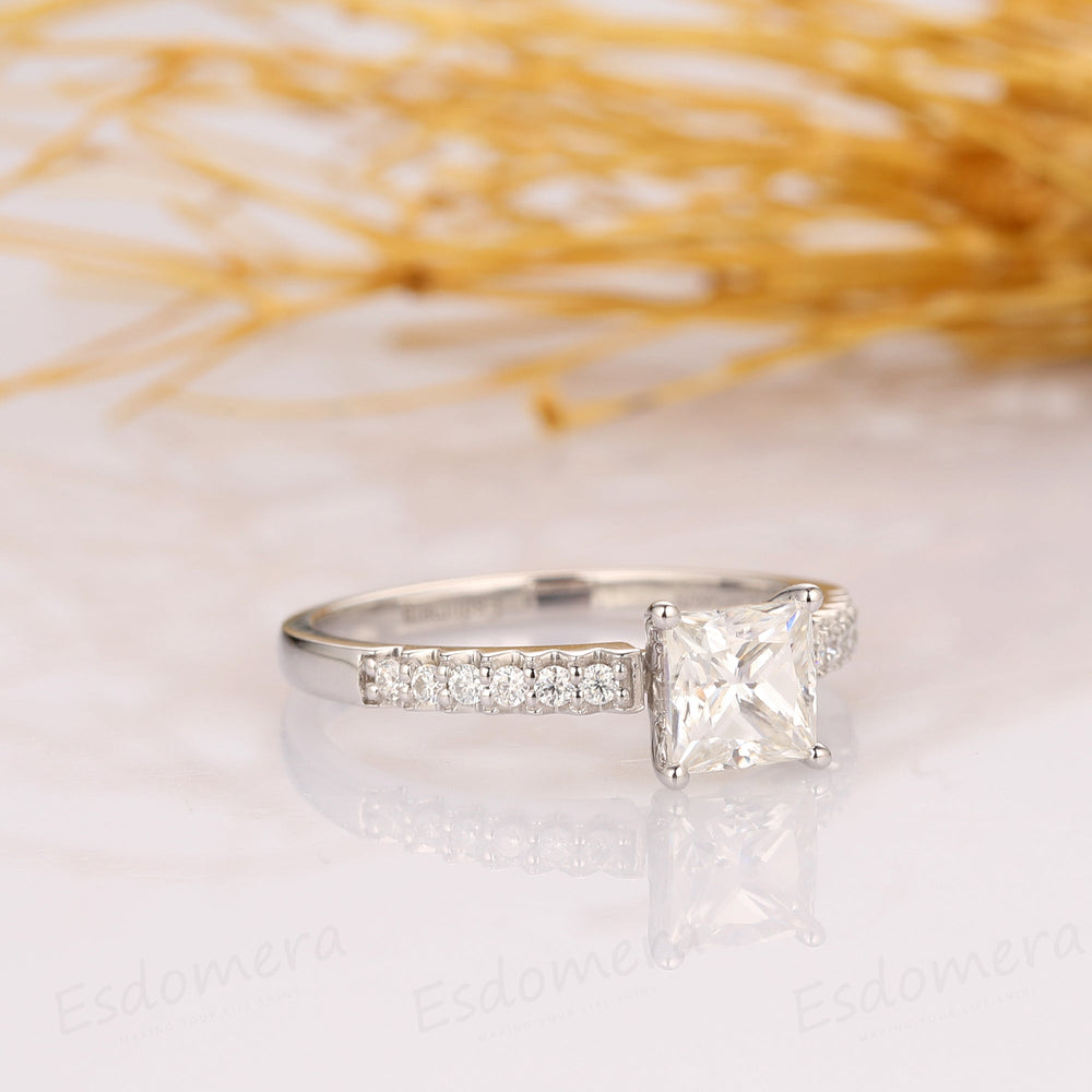 1.00CT Princess Cut Moissanite Engagement Ring, Half Eternity Ring, 14k White Gold Ring