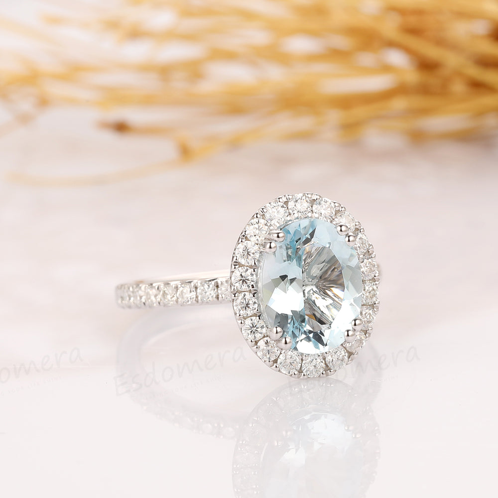 2.1CT Oval Cut Natural Aquamarine Ring, 14k White Gold Engagement Ring