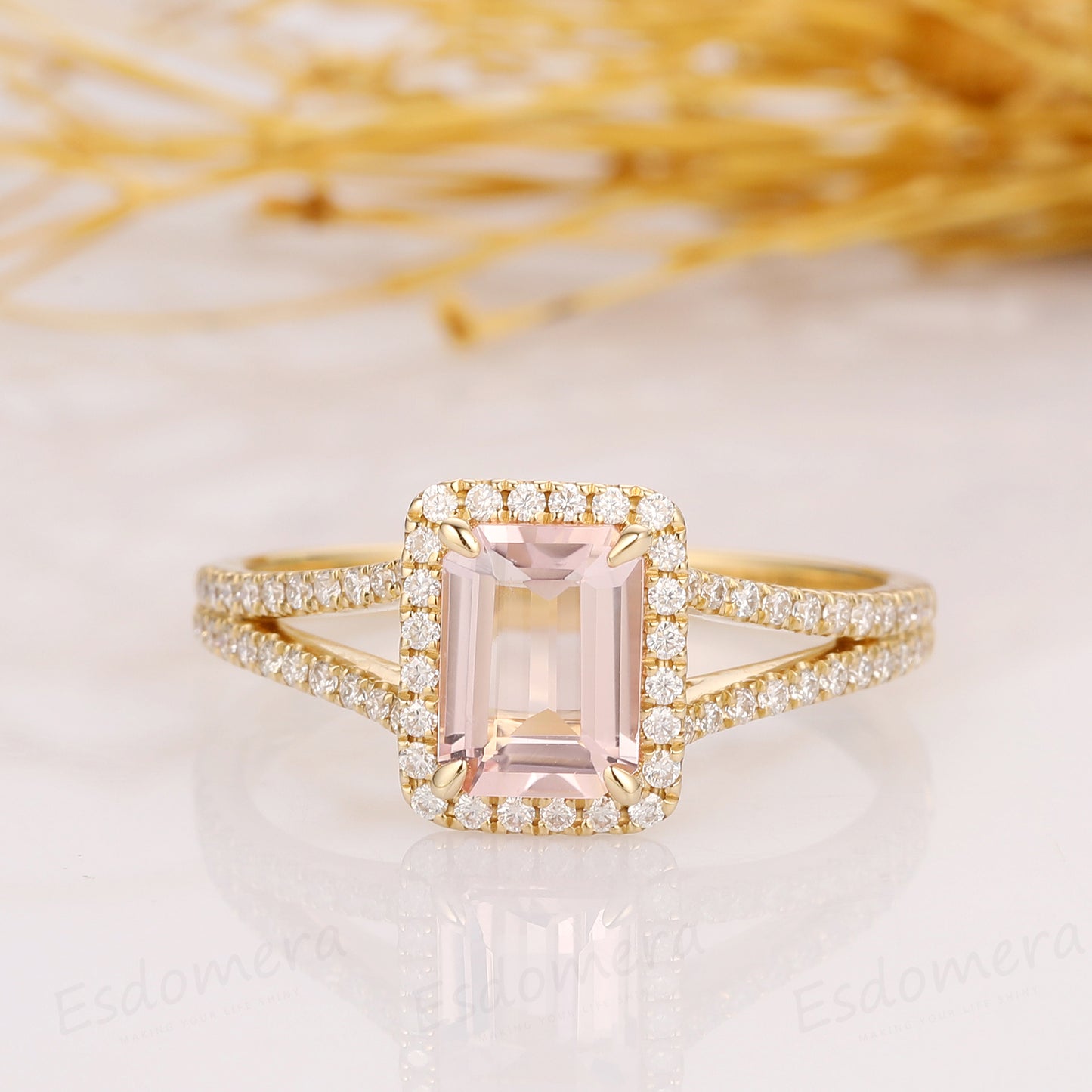 2.00CT Emerald Cut Morganite Engagement Ring, Halo Split Shanks Accents Ring, 14k Solid Yellow Gold Ring
