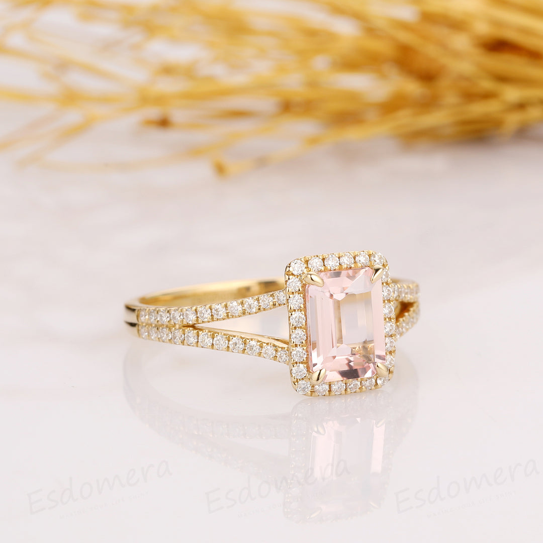 2.00CT Emerald Cut Morganite Engagement Ring, Halo Split Shanks Accents Ring, 14k Solid Yellow Gold Ring