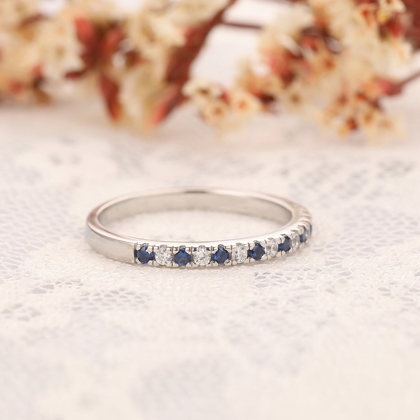 Moissanite & Natural Blue Sapphire Stacking Ring, 14K Gold Promise Anniversary Ring