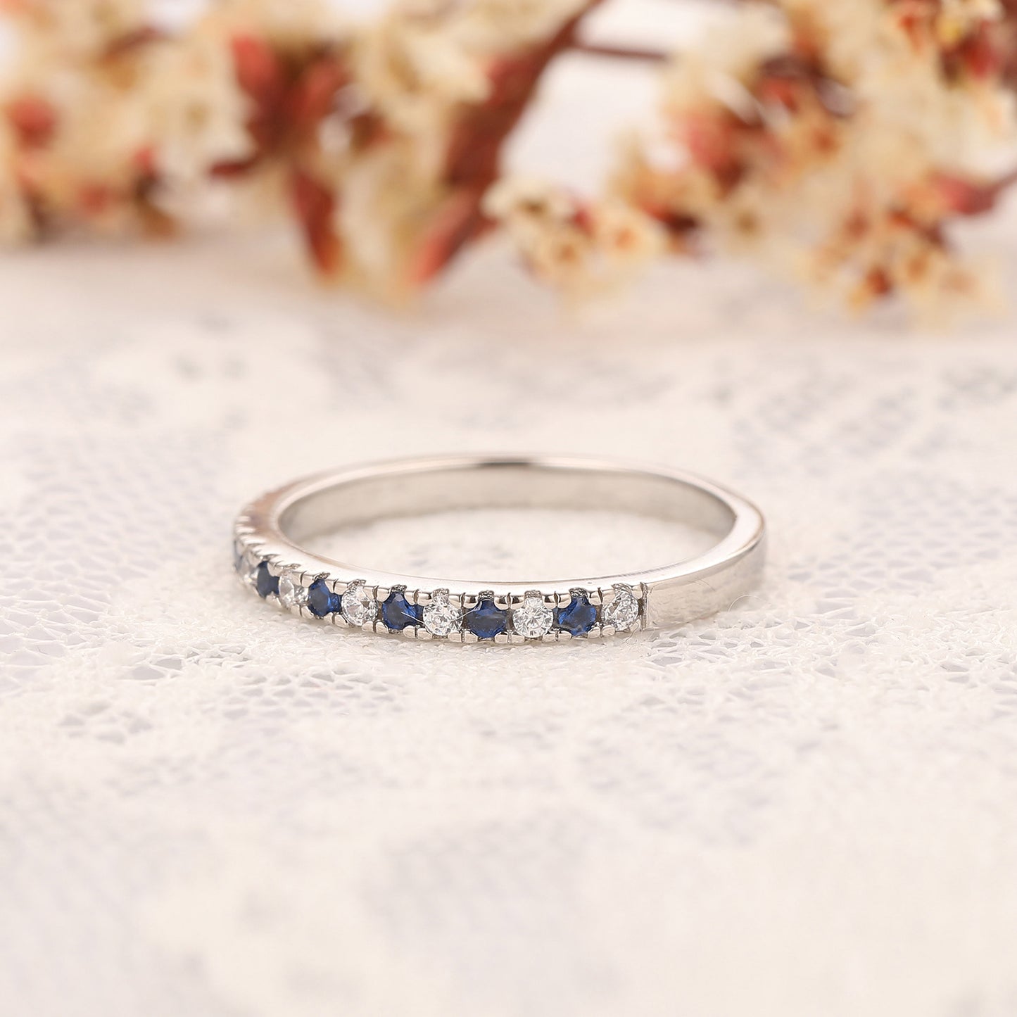 Moissanite & Natural Blue Sapphire Stacking Ring, 14K Gold Promise Anniversary Ring