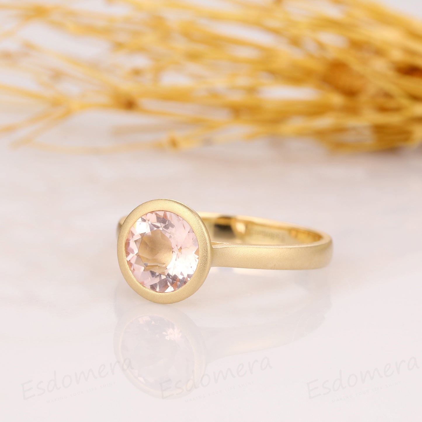 Round Cut 1.5CT Morganite Solitaire Bezel Style Ring, Matte Wedding Band Ring