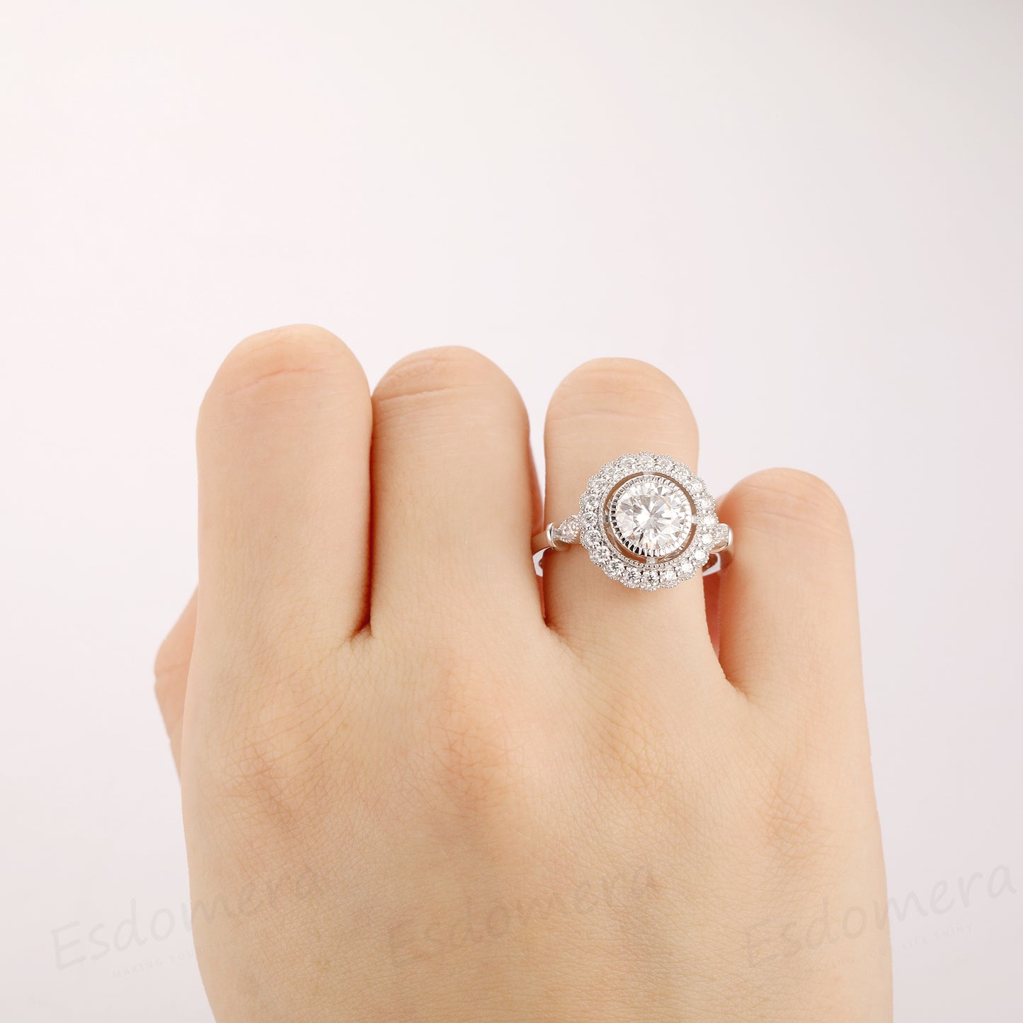 1.5CT Round Cut Esdomera Moissanite Engagement Ring, Vintage Rainbow Halo Style Ring, 14k White Gold Engagement Ring
