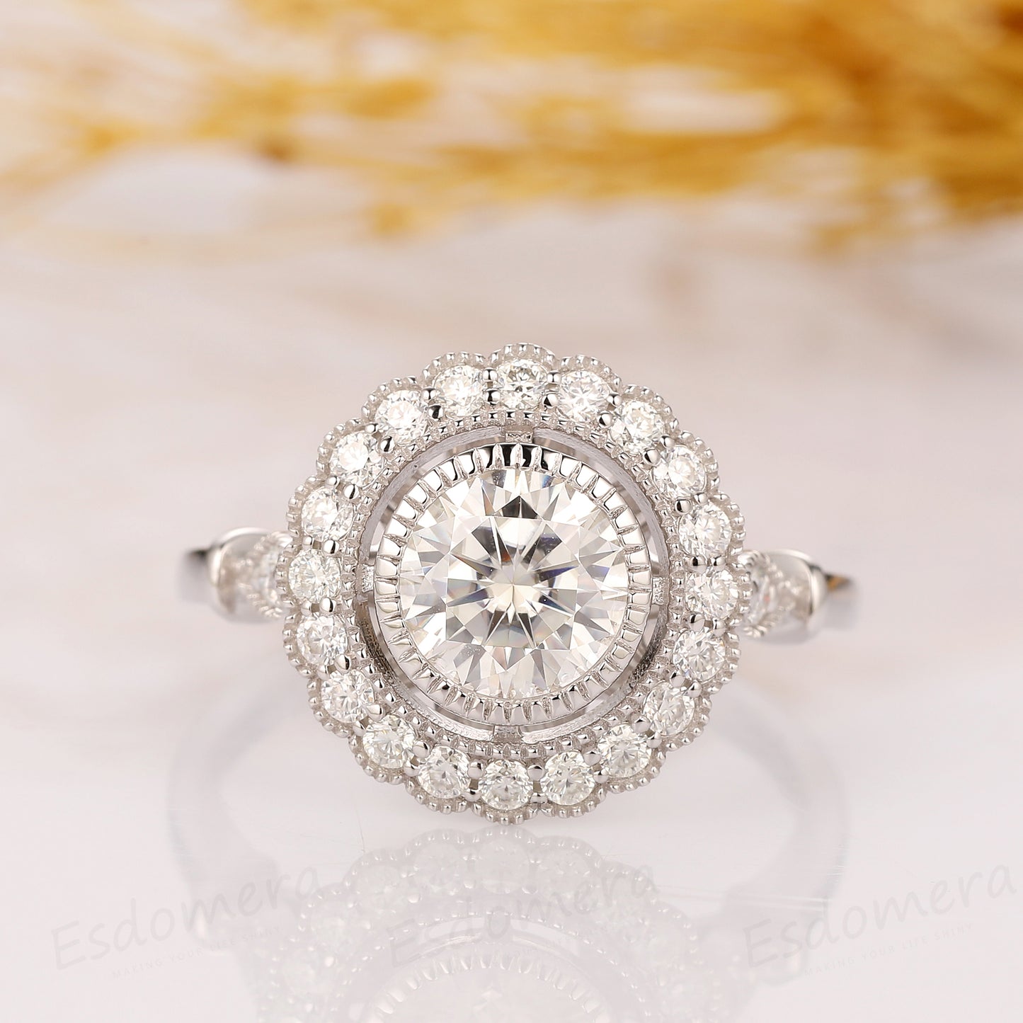1.5CT Round Cut Esdomera Moissanite Engagement Ring, Vintage Rainbow Halo Style Ring, 14k White Gold Engagement Ring