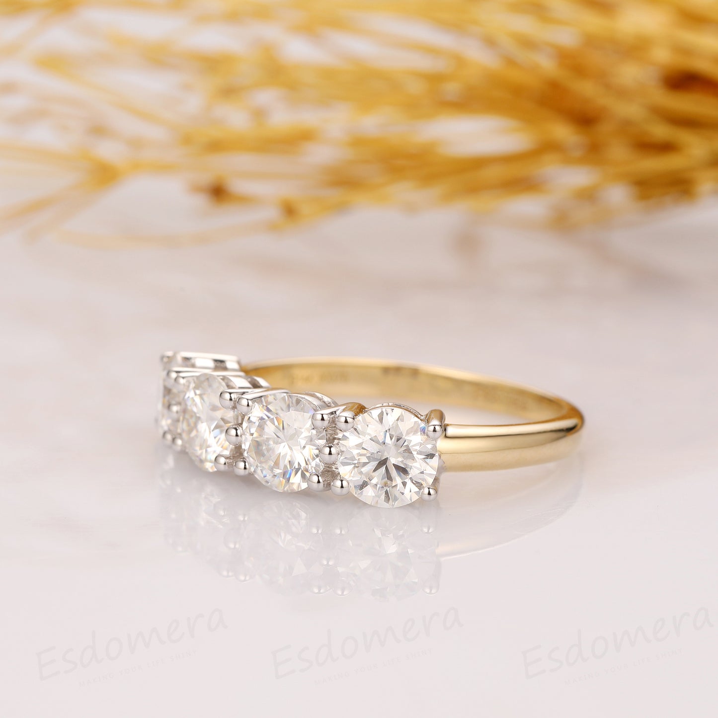 Moissanite 4 Stone Ring, Solid 14k Two Tone Gold Ring, Promise Anniversary Ring, Wedding Ring
